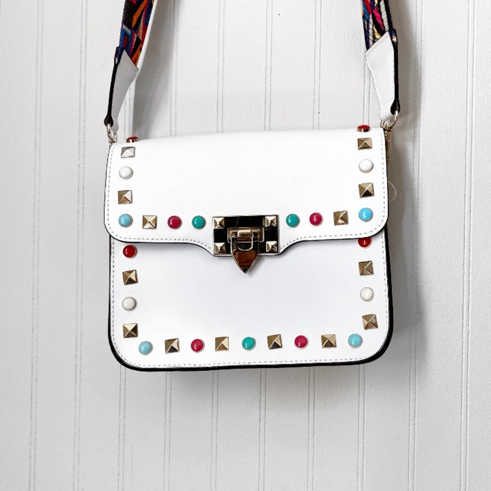 White studded crossbody shoulder leather bag